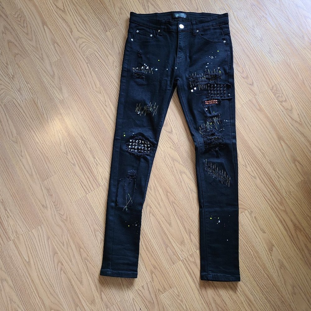 AMIRI SKINNY JEANS STUDDED PAINT SPLATTER DESTROYED PATCHES sz 30